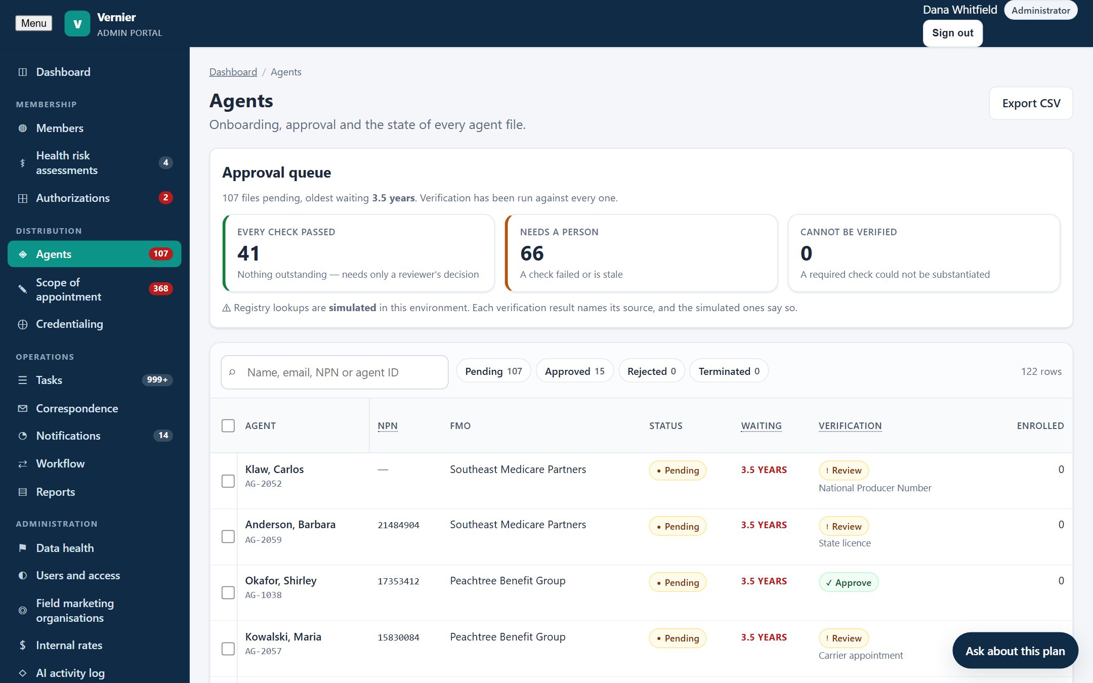 Agent approval queue in the Vernier Admin Portal