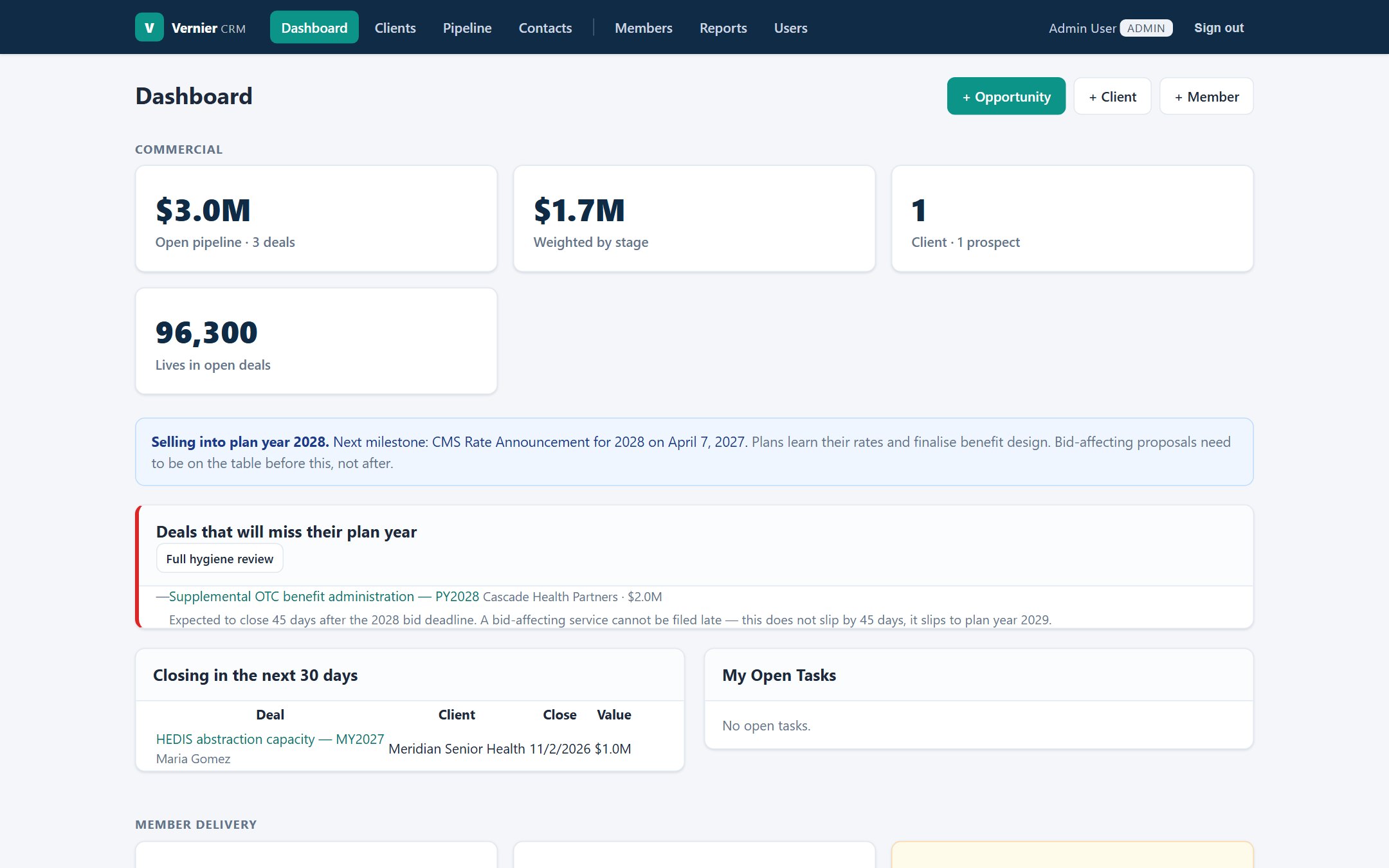 Vernier CRM dashboard