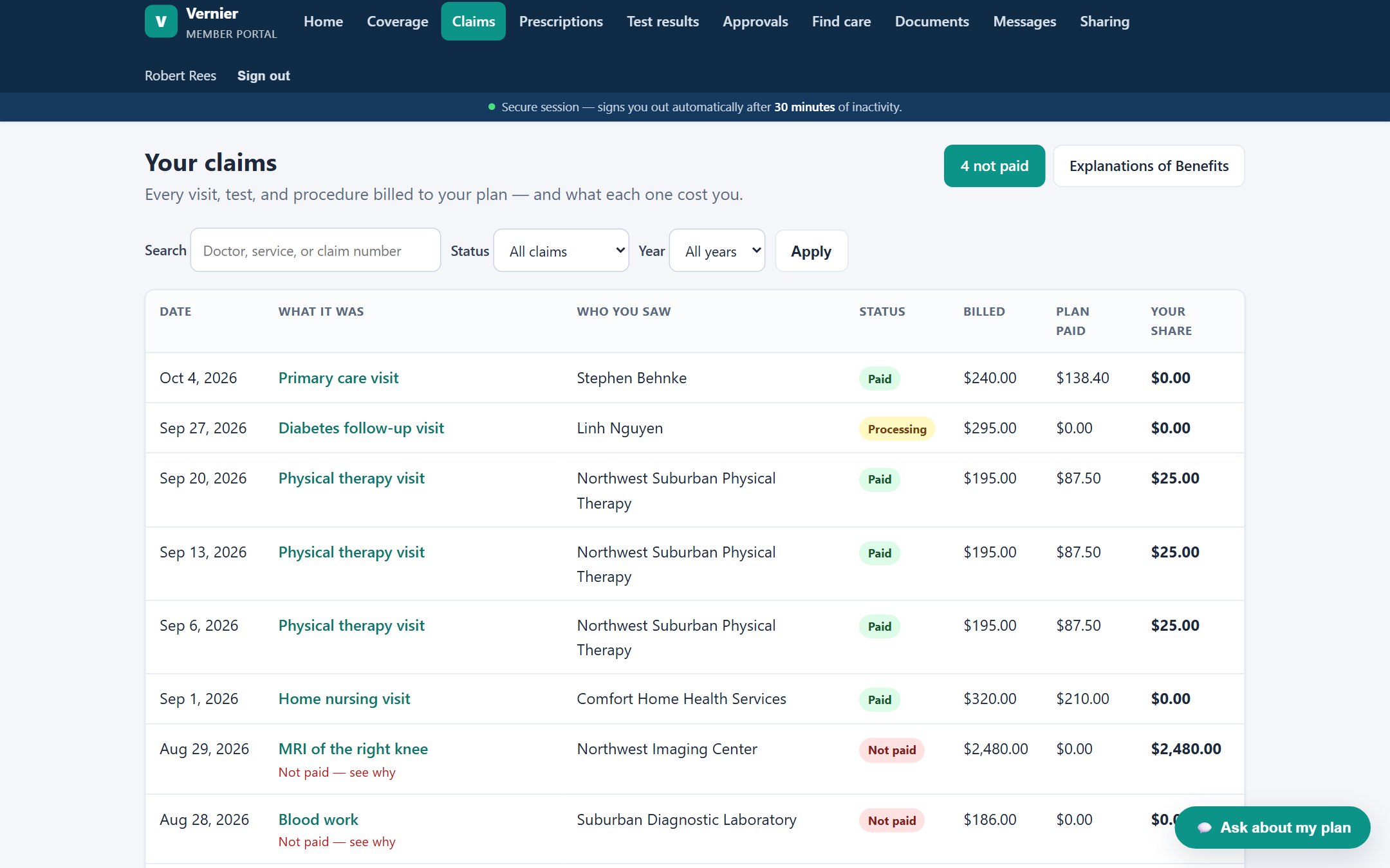Claims with plain-language explanations in the Vernier Member Portal