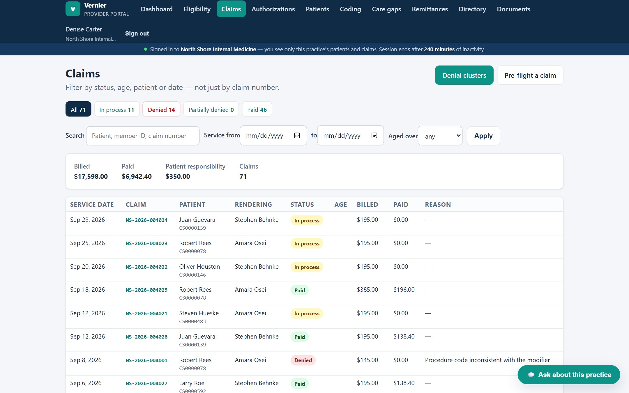 Claims worklist with denial filters in the Vernier Provider Portal