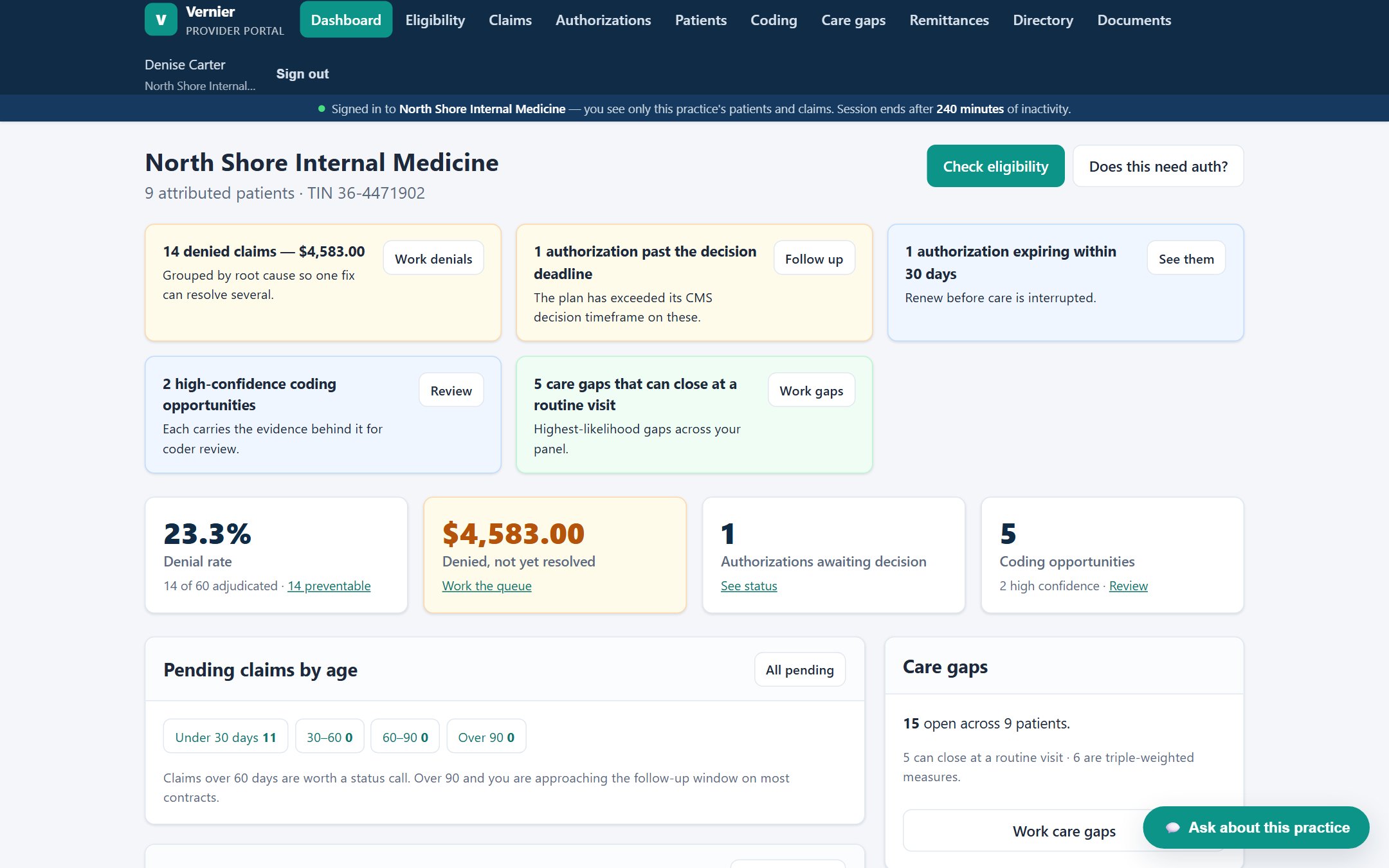 Vernier Provider Portal dashboard with practice work queues